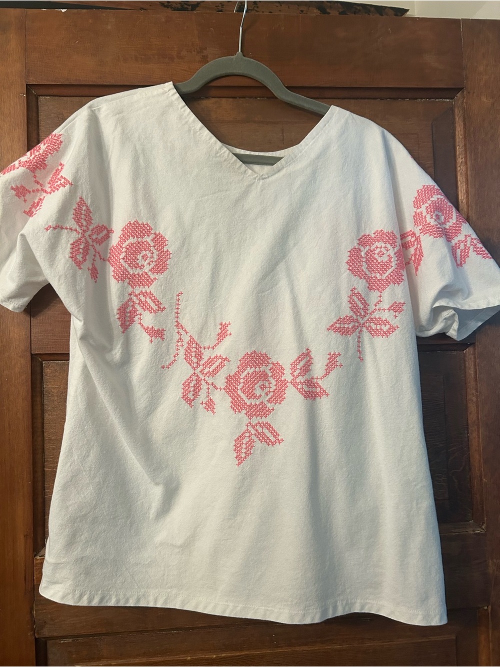 White V-Neck Women's Blouse with Pink Rose Embroidery